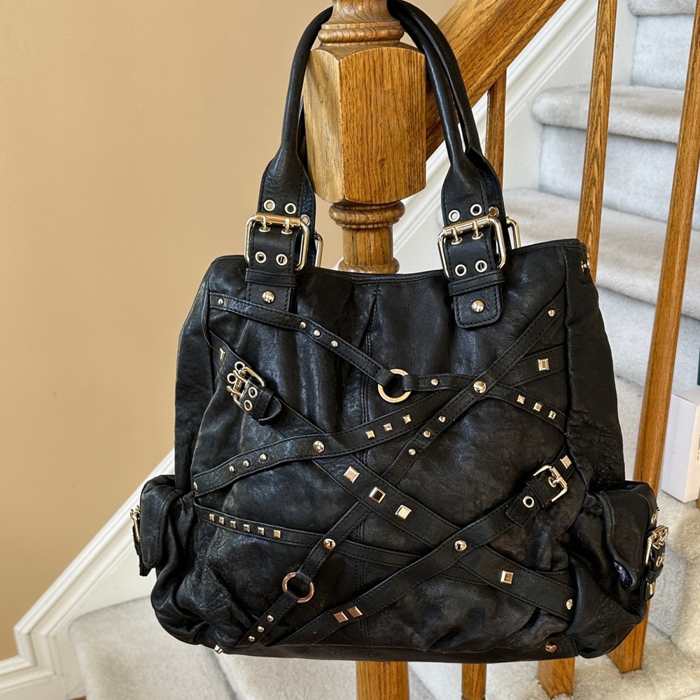 Junior Drake Black Studded Leather Shoulder Bag